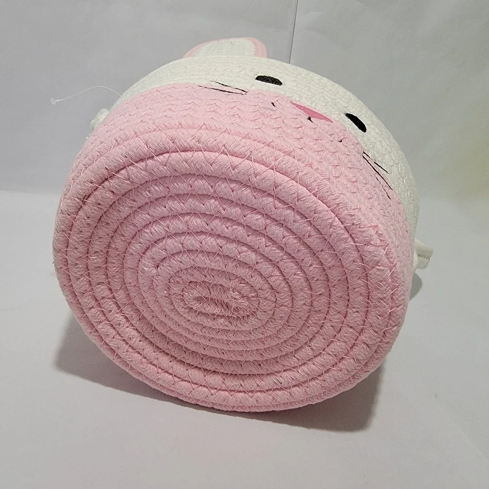Pink White Bunny Easter Basket Cotton Rope Coiled Storage Tote Rabbit Ears 6in
